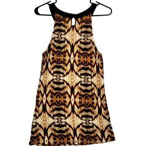 a.n.a Sleeveless Halter Dress Geometric Brown Beige Rear Button Keyhole Medium